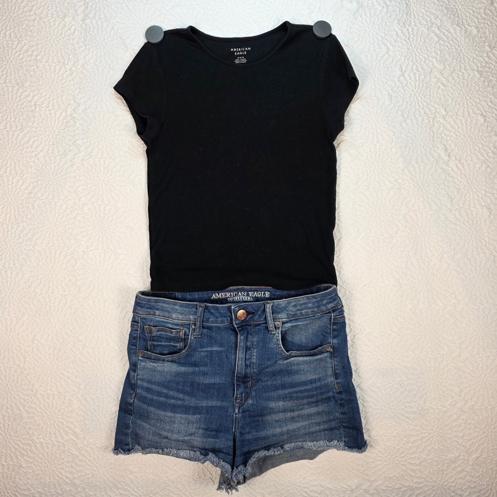 American Eagle Outfit Bundle Super Hi-Rise Shortie 10 Ribbed Tee M Black Blue - Picture 1 of 10